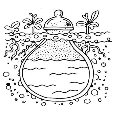 Cántaro de greda enterrado con agua dentro