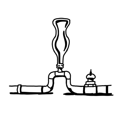 Ilustración en blanco y negro de una cañería con una válvula y un desnivel en el medio, que a su vez tiene una botella invertida sobre él.
