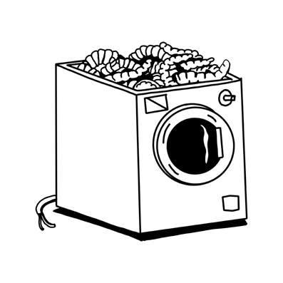 Ilustración en blanco y negro de lavadora con lombrices en su cara superior